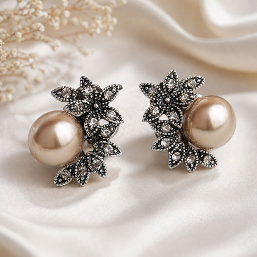 Vintage pearl stud earrings with crystal floral design – available in White, Grey and Coffee for women – daily wear and festive occasions