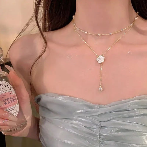 Vintage rose pearl layered Y-necklace for women JeevaFashions