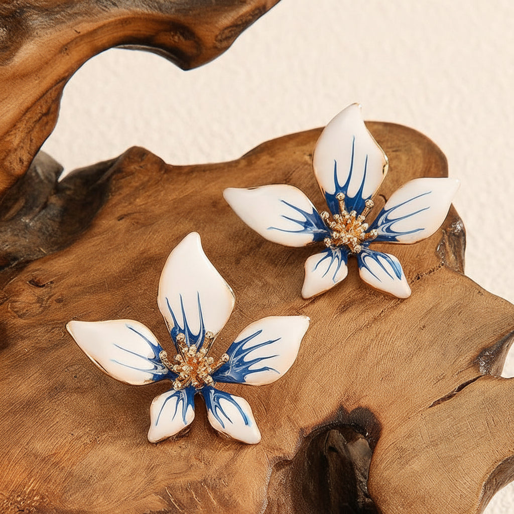 White and blue orchid stud earrings gold tone for women JeevaFashions