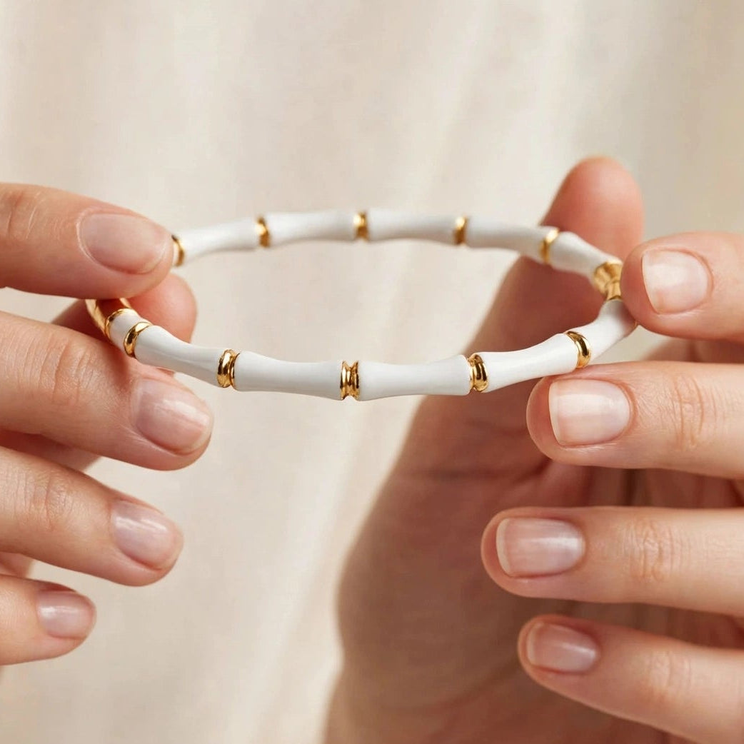 White enamel bamboo bracelet on neutral background for women at JeevaFashions