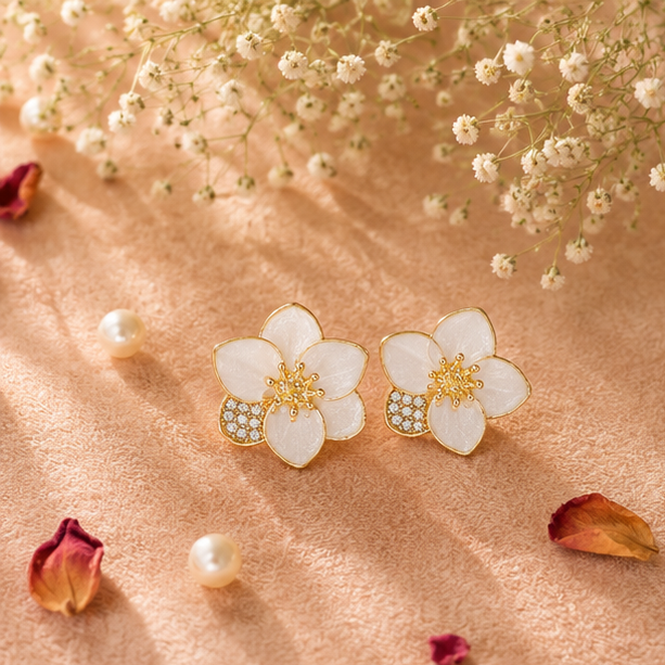 White flower CZ stud earrings held in hand for women JeevaFashions