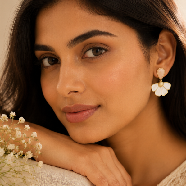 Gold tone white flower pearl earrings closeup JeevaFashions