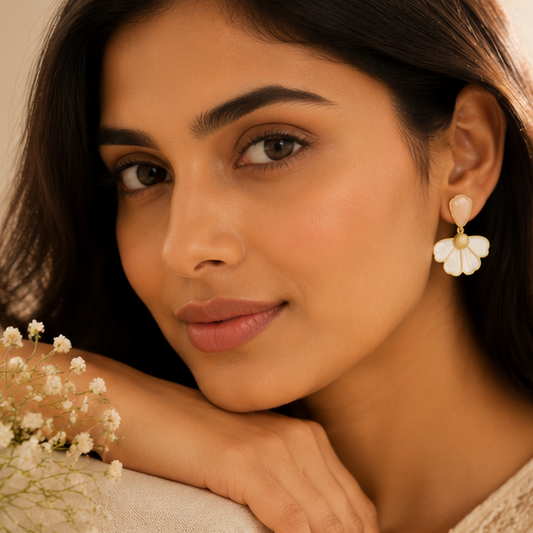 Gold tone white flower pearl earrings closeup JeevaFashions
