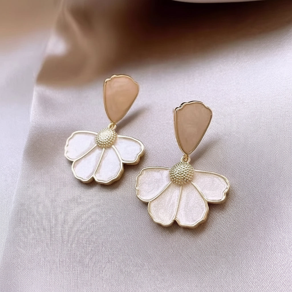 White flower pearl stud earrings gold tone for women JeevaFashions