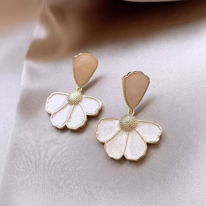 White flower pearl stud earrings gold tone for women JeevaFashions