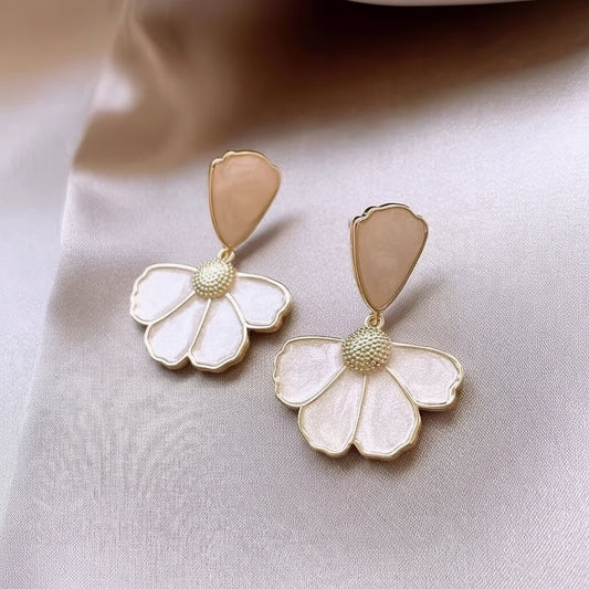 White flower pearl stud earrings gold tone for women JeevaFashions
