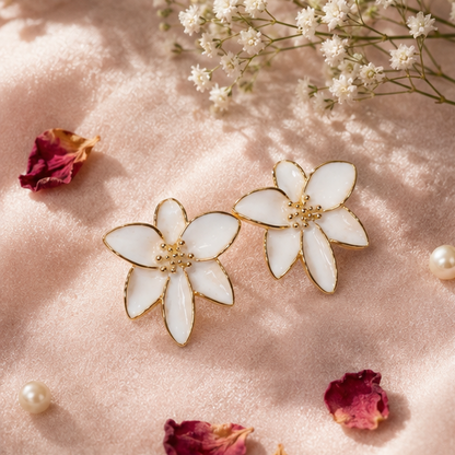 White lily petal earrings styled for festive occasion JeevaFashions