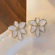 White lily petal stud earrings gold tone beaded centre JeevaFashions