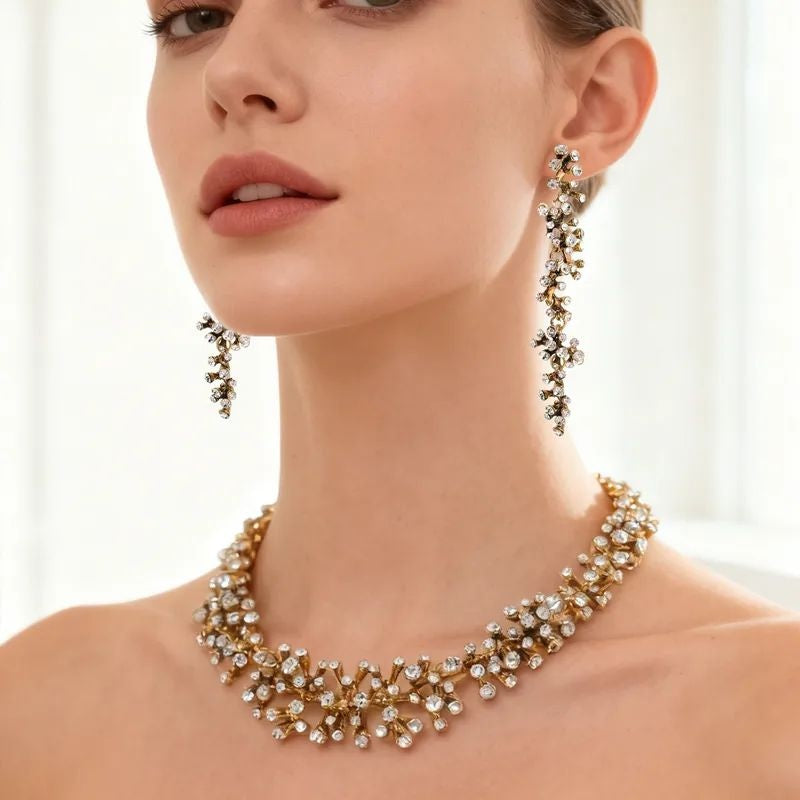 Zircon branch collar necklace with matching drop earrings for sangeet and festive wear – JeevaFashions