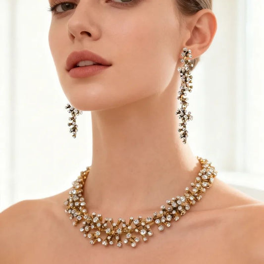 Zircon branch collar necklace with matching drop earrings for sangeet and festive wear – JeevaFashions